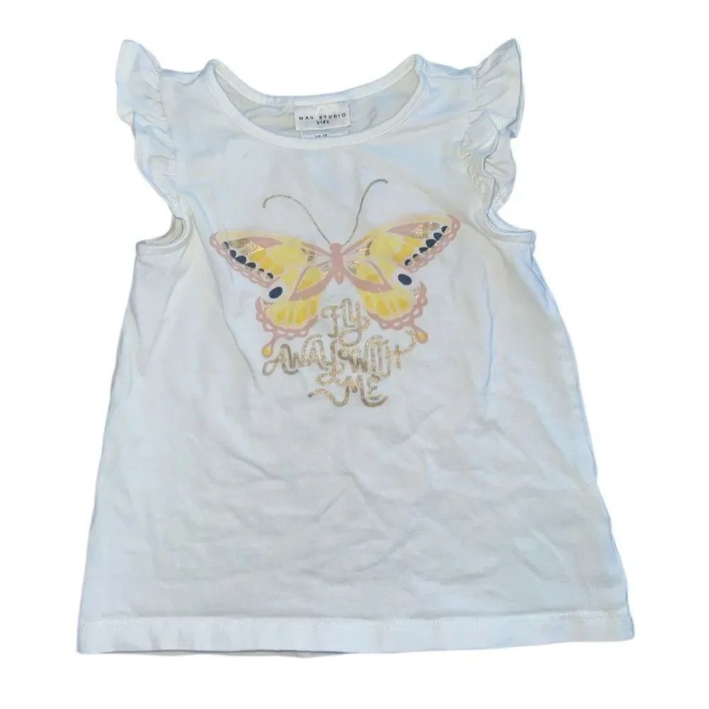 Max Studio Girls Fly Away With Me Butterfly Ruffle Sleeve Short T Shirt Size 2T
